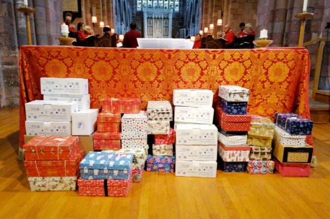 The shoeboxes which have left Crediton Parish Church for those in need in Eastern Europe.
