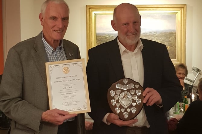 Rotary Club of Crediton President Garry Adams, left, presenting the Rotary Citizen of the Year for 2023 award to Jo Ward.
