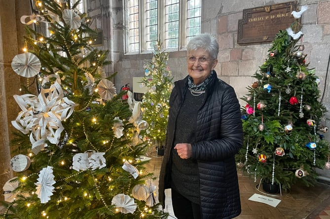 One of the organisers, Sandra, with some of the trees in Crediton Parish Church Christmas Tree Festival. AQ 1422
