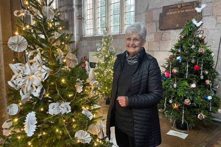 One of the organisers, Sandra, with some of the trees in Crediton Parish Church Christmas Tree Festival. AQ 1422