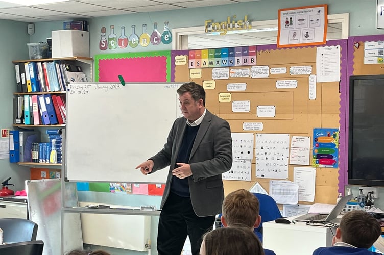 Mel Stride at Bow Primary School in January 2023.