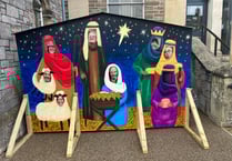 Fun tableaux of Nativity scene outside Crediton Congregational Church
