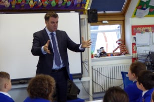 Mel Stride talking at a Central Devon School. 
