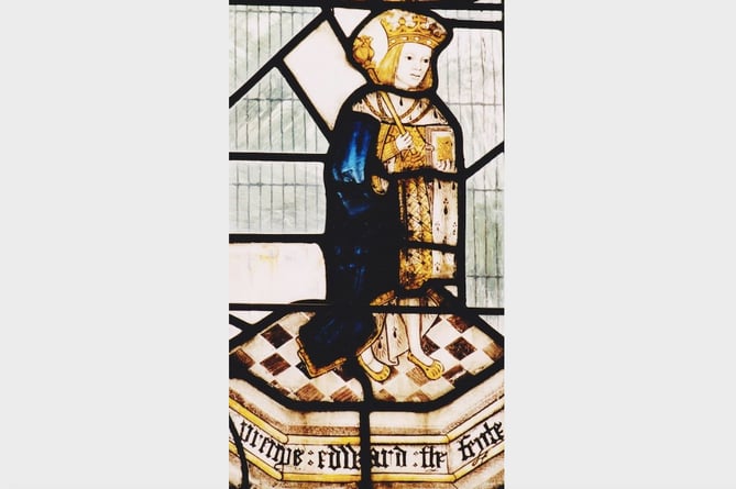 A view of the stained glass window at St Matthew's Church at Coldridge which features an image of Edward V.
