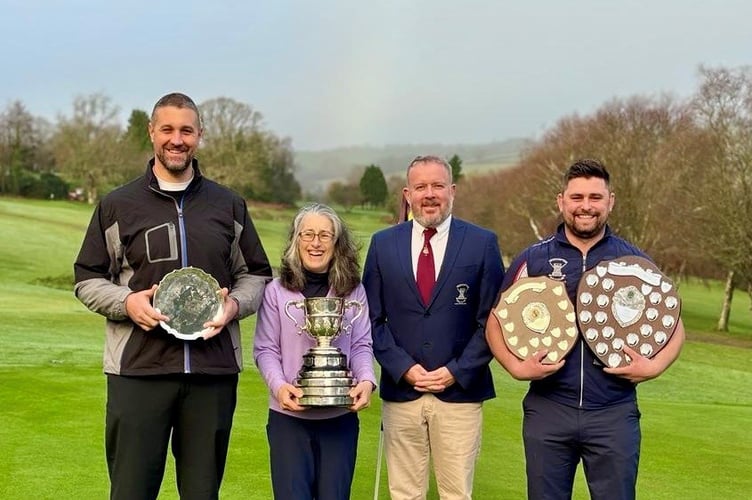 Okehampton Club Captain proudly displays the Club's 2023 County successes with Jack Whiteway, Frances Harbron and Toby Gostling.
