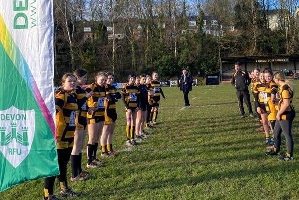 Crediton U14 Girls forming the Guard of Honour prior to the County game.
