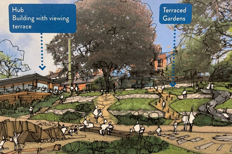 An image of the Hub proposal and new gardens for Newcombes Meadow from the Masterplan consultation documents.  AQ 3621