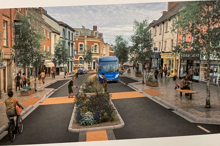 A vision of an enhanced Crediton High Street from the Masterplan consultation documents.  AQ 3650