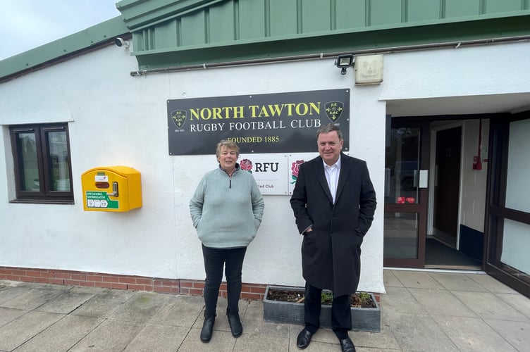Sarah Quick, Club Secretary for North Tawton Rugby Club, and Mel Stride, Central Devon MP at North Tawton Rugby Club.

