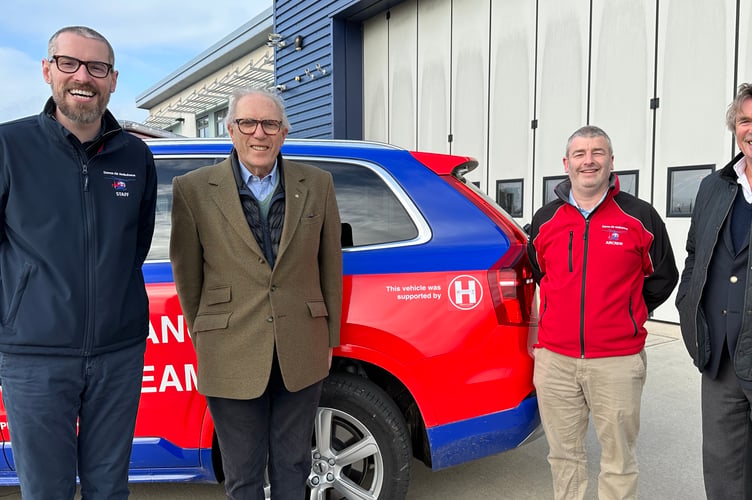 Left to right: Matthew Bell - Public Engagement Director DAA, Michael Henriques - Chair of Trustees HELP Appeal, Darren Goodwin - Head of Operations DAA and Robert Bertram - CEO HELP Appeal. Image: Devon Air Ambulance