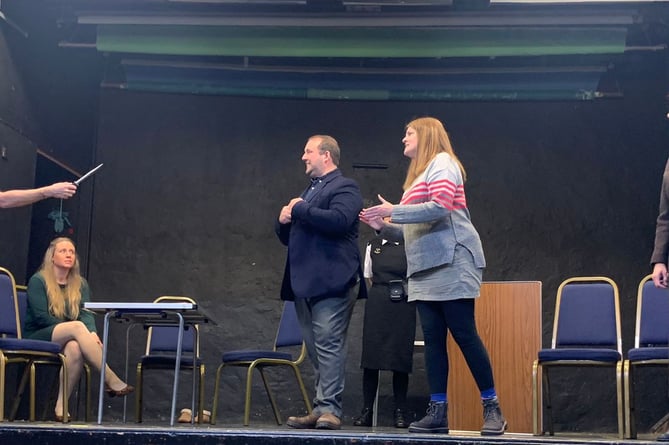 During rehearsals for ‘Kindly Leave the Stage’, being staged at North Tawton Town Hall.
