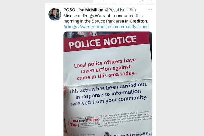 The social media post issued by Crediton PCSO Lisa McMillan this morning.