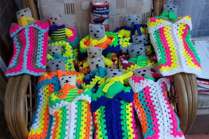 Some of the teddy bears made by Hot Pins Knit and Natter group which are for sale in aid of Devon Air Ambulance.

