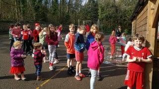 Having fun and wearing red for Red Nose Day at Yeoford Primary School.
