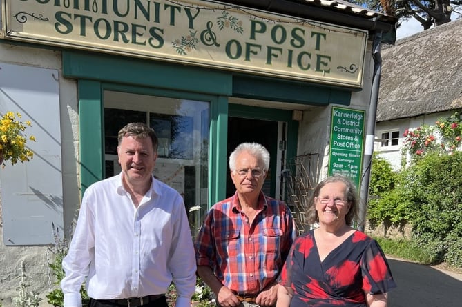 Mel Stride, the MP for Central Devon, left, and Cllr Mrs Margaret Squires, right, during a visit to Kennerleigh Community Shop and Post Office, with Adrian Miller, in June 2022.
