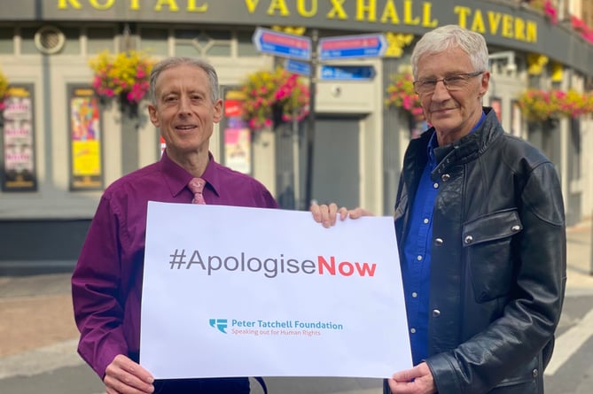 Peter Tatchell and the late Paul O’Grady at the launch of the Apologise Now campaign.
