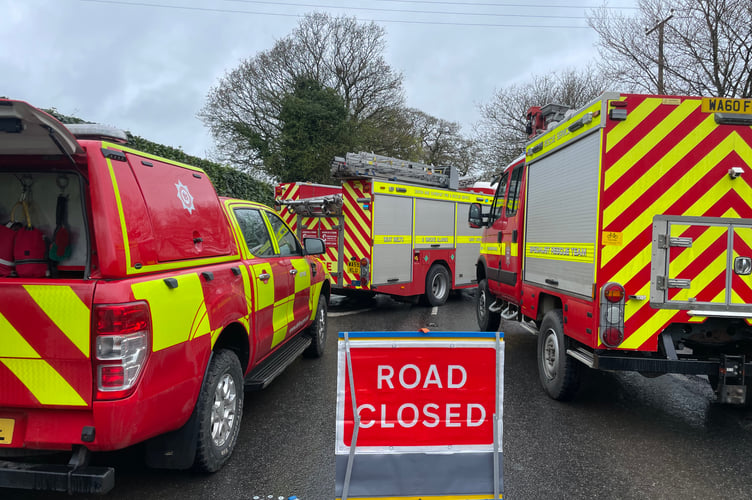 The scene of the road closure on the A3072 near Copplestone.  AQ 9928