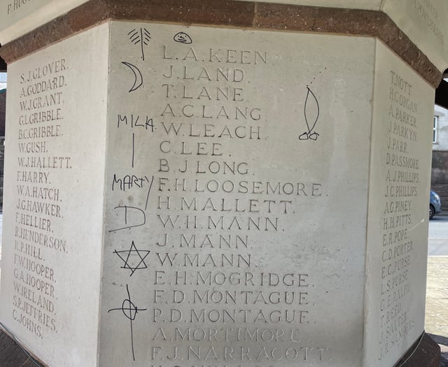 Tears about graffiti on Crediton War Memorial
