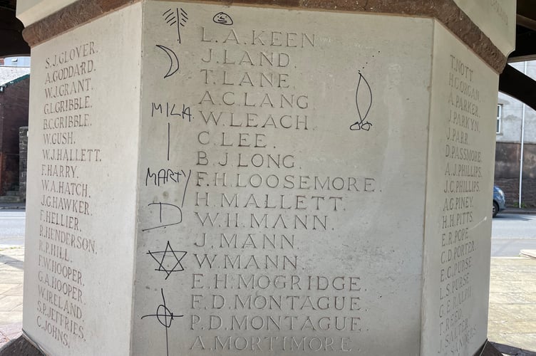 Some of the graffiti discovered on Crediton War Memorial. AQ 9949

