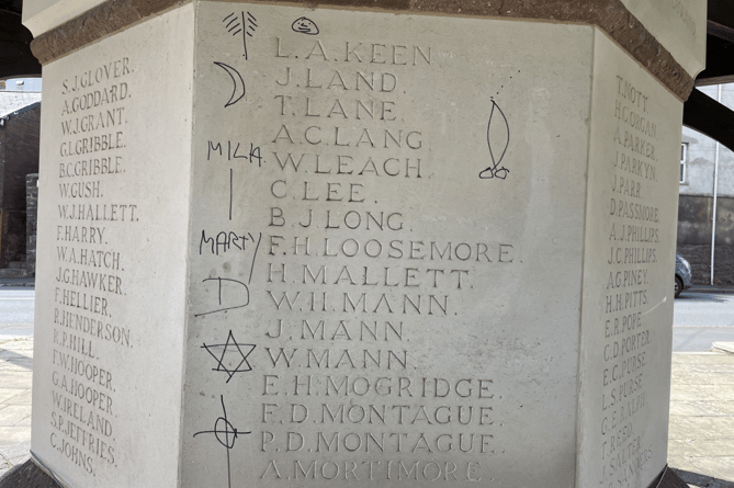 Some of the graffiti discovered on Crediton War Memorial. AQ 9949