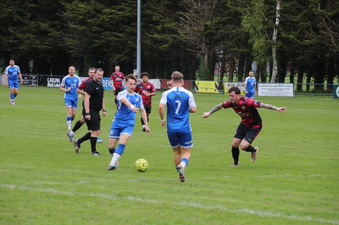 During the Crediton United v Bovey Tracey game on April 13, Crediton in the blue strip.  AQ 4023
