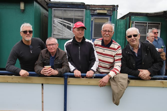 Five former Crediton players were guests at the Crediton United v Bovey Tracey game on April 13, from left, Steve Paddon, Pete Osborne, Mike Downing, Ubi Bahrami and Jim Pearn.  AQ 4028
