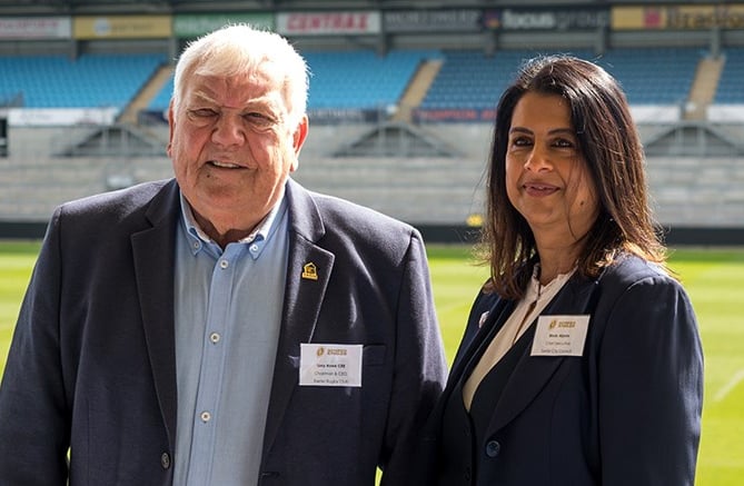 Tony Rowe CBE, Chairman and CEO of Exeter Rugby Club and Bindu Arjoon, Chief Executive of Exeter City Council.
