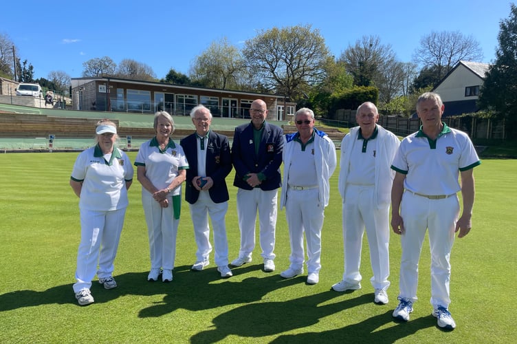 From left at North Tawton Bowling Club, secretary Anita Lamey, Ladies Captain Jan Summers, President Gordon Denham, Chair John Kinsey, Treasurer Robert Arscott, Greenskeeper Dave Cooper and Captain John Beer. AQ 0502