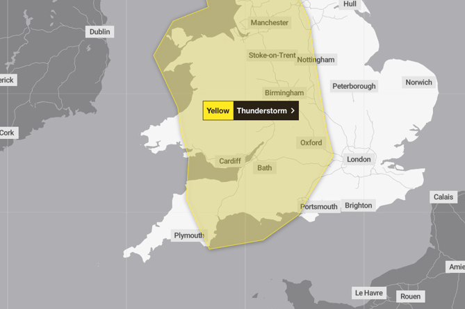 A yellow weather warning for thunder has been issued by the Met Office