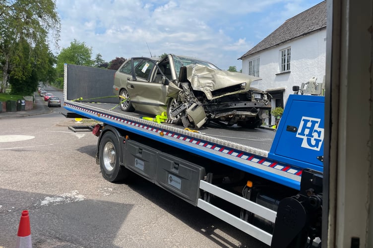 On a recovery vehicle, the Volvo V40 which was involved in the collision at the Jockey Hill roundabout.  AQ 2591