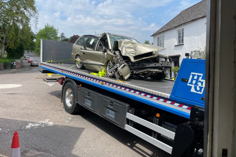 On a recovery vehicle, the Volvo V40 which was involved in the collision at the Jockey Hill roundabout. AQ 2591