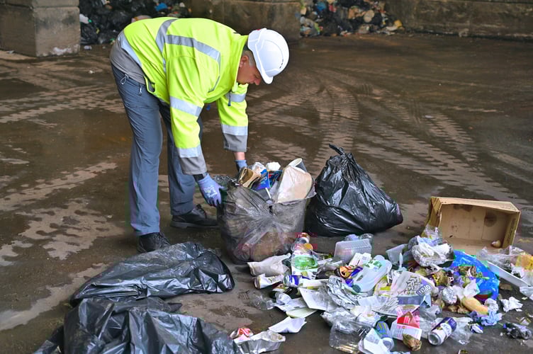 A Mid Devon District Council waste operative opening black sacks which reveal contents which should have been recycled.