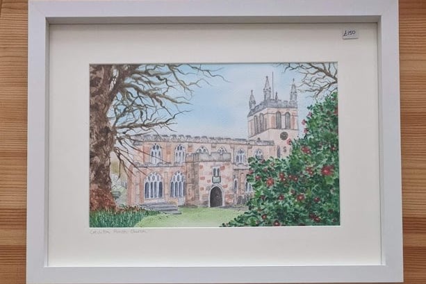 The prize for the Lucky Squares raffle, a painting of Crediton Parish Church by Karen Gutans.