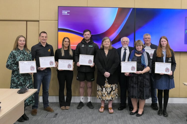 The Mayor Award winners with the Leader of West Devon Borough Council, Cllr Mandy Ewings.
