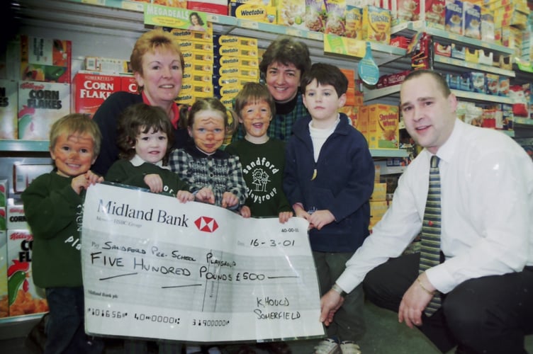 In March 2001, Sandford Pre-School Playgroup received a cheque from Somerfield for £500  DSC00515
