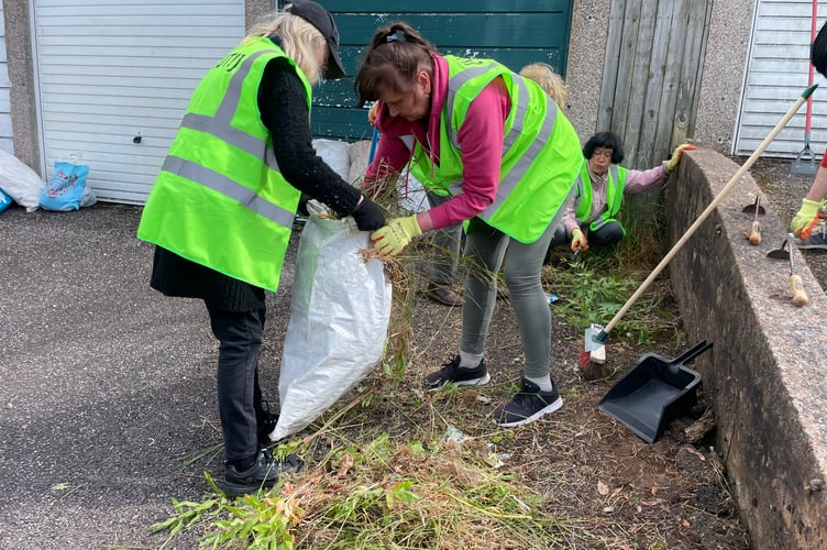 Bagging up weeds as part of the cleaning streets and pavements action.  AQ 5247
