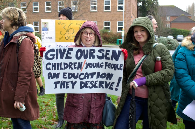 Protesters outside Devon\'s County Hall headquarters in Exeter call for the authority to improve its special educational need and disabilities (SEND) service