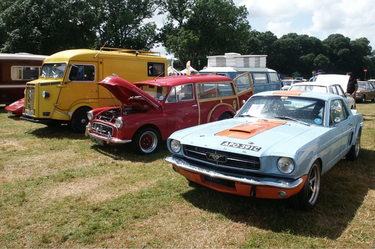 1976 Citroen van, 1969 modified Morris Traveller, and 1965 Ford Mustang