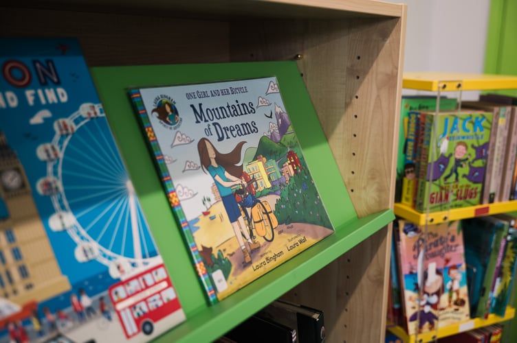 Books on new shelves in the library.