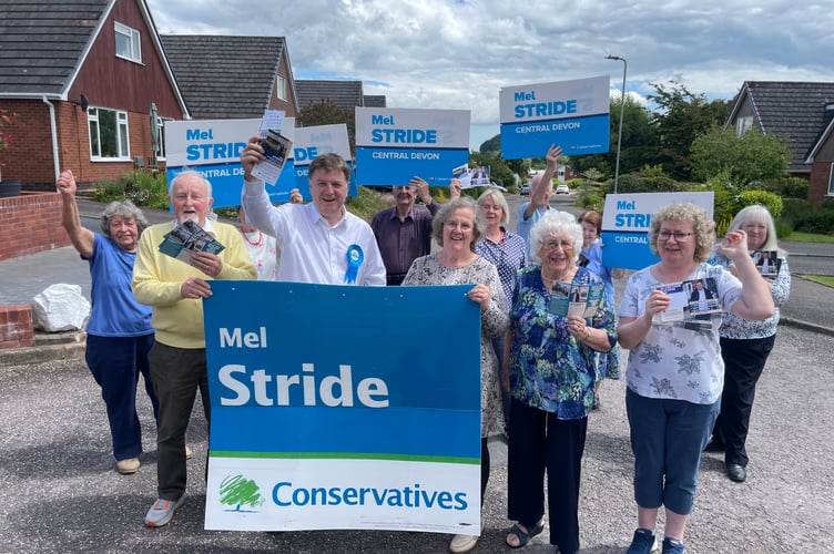 Mel Stride campaigning with supporters in Crediton on June 17.