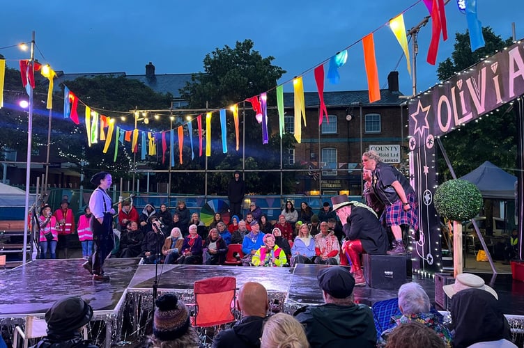 During ‘Twelfth Night’ which was staged in Crediton Town Square.