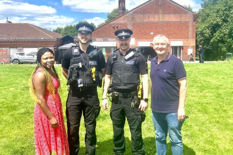 Joy Okumbor, Director of Inclusive Exeter and Social Secretary of the Nigerian Community in Exeter, with Sgt James Wellard, PC George House and Alan Quick, Director of Inclusive Exeter.