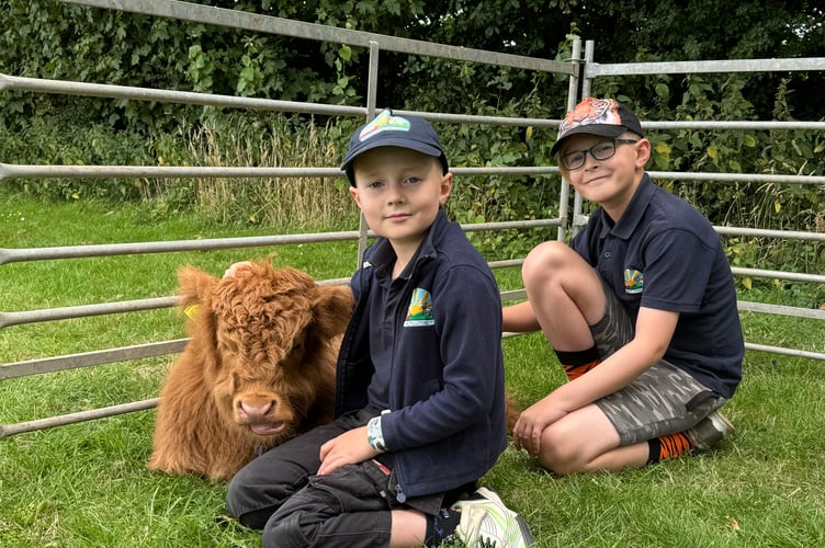 Two youngsters with 12-weeks-old Highland named Hamish, from Lindfield, Morchard Road at Morchard Bishop Vintage Rally and Family Fun Day. AQ 9026