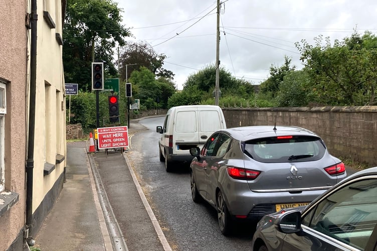 Temporary traffic lights on A377 at Copplestone