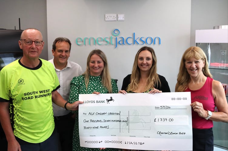 L to R Lee Cusick of South West Road Runners, David Walter and Becky Warren of Ernest Jackson, Chelsea Yelland of Age Concern Crediton, Julie Box of Crediton Running Network