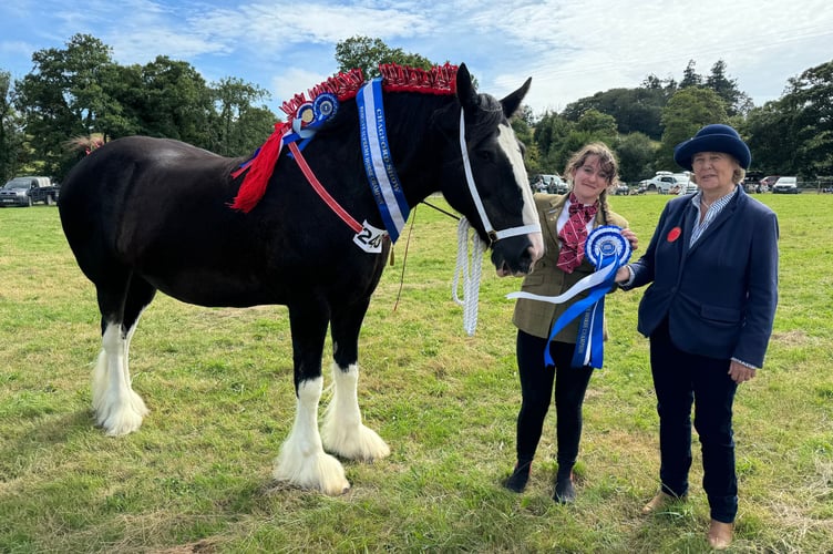Kerry Roberts from Lewdown took the Champion Heavy Horse award with Hiraethog Holly and Reserve Supreme Horse award, pictured with the judge Mrs Ann Bassett. AQ 0807