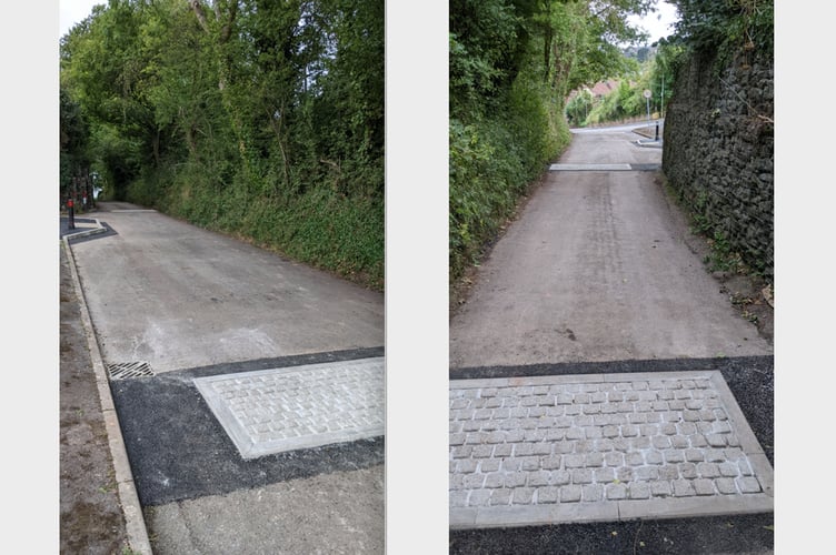Traffic calming which has been completed at the top of Pounds Hill, Crediton.