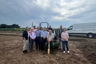 From left, Claire Beech, Cullompton Cricket Club Treasurer, Cllr Steve Keable, MDDC, David Smith, White Hose Contractors, James Turner, Lightwood Land, Mike Frost, Landowner (with cricket bat) Richard Stephenson, Cullompton Cricket Club Chairman, James Blackmore, Cullompton Cricket Club Trustee, Adrian Welsh, MDDC, Steve Macdonald, Architect at Sports Clubhouses and Rebecca Weare, Quantity Surveyor at Timms Eida Associates.
