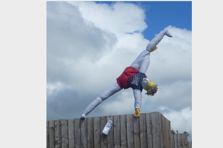 Cheriton Fitzpaine Scarecrow competition winner Bendy Boris was made by Shelagh Bulled and Kate Griffiths.