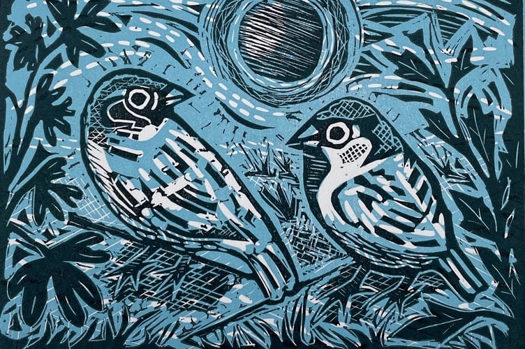 A linoprint called Sparrows by Jo Roper.
